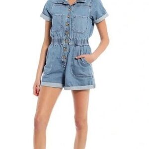 Gianni Bini Light Blue Denim Romper with Tan Buttons